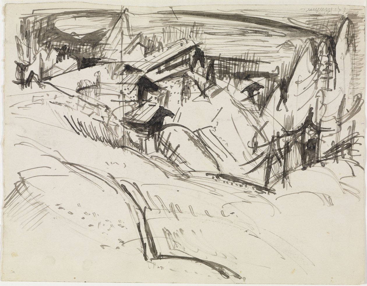 Alppiniitty, jossa on mökkejä ja kuusia tekijältä Ernst Ludwig Kirchner