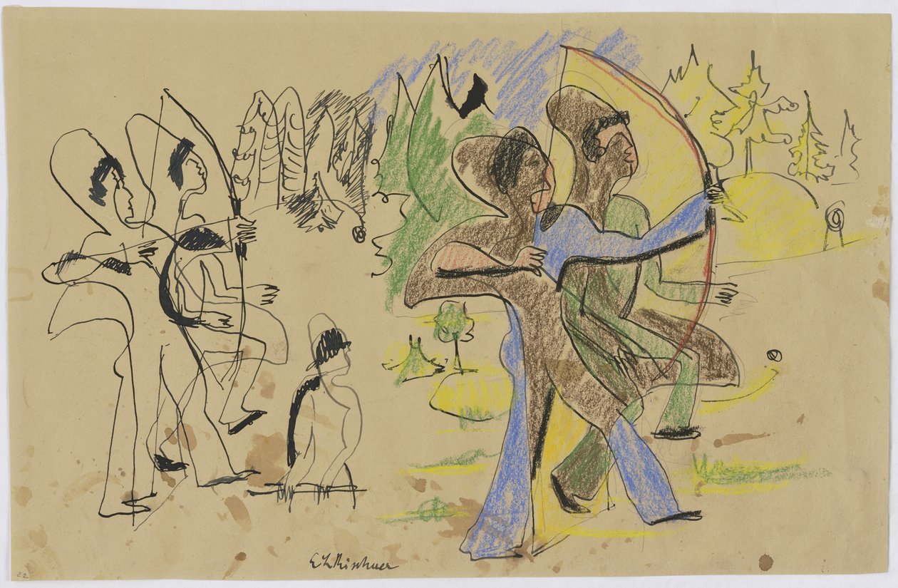 Jousimiehet, noin 1935 (lyijykynä ja liitu ruskealle paperille). tekijältä Ernst Ludwig Kirchner