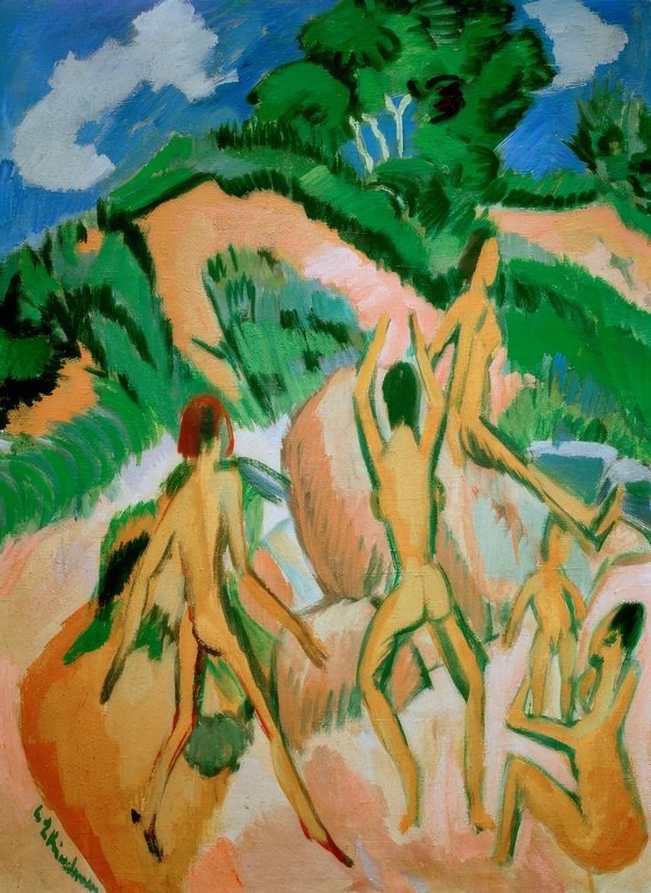 Uimarit dyynien välissä (Fehmarn) tekijältä Ernst Ludwig Kirchner