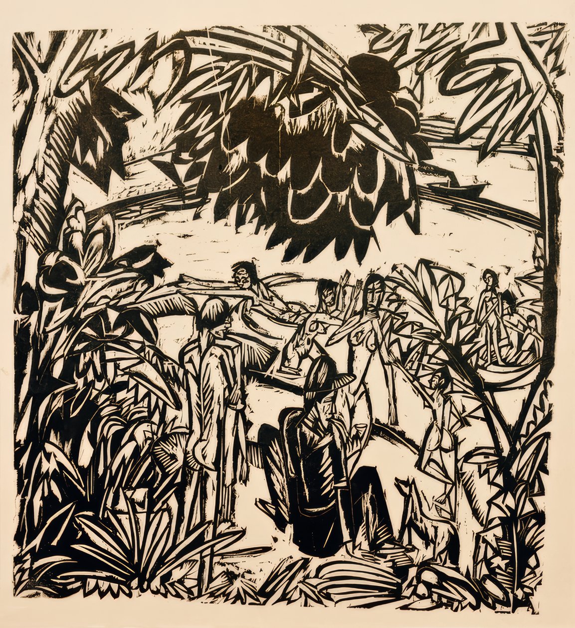 Uiminen kohtaus puiden oksien alla tekijältä Ernst Ludwig Kirchner