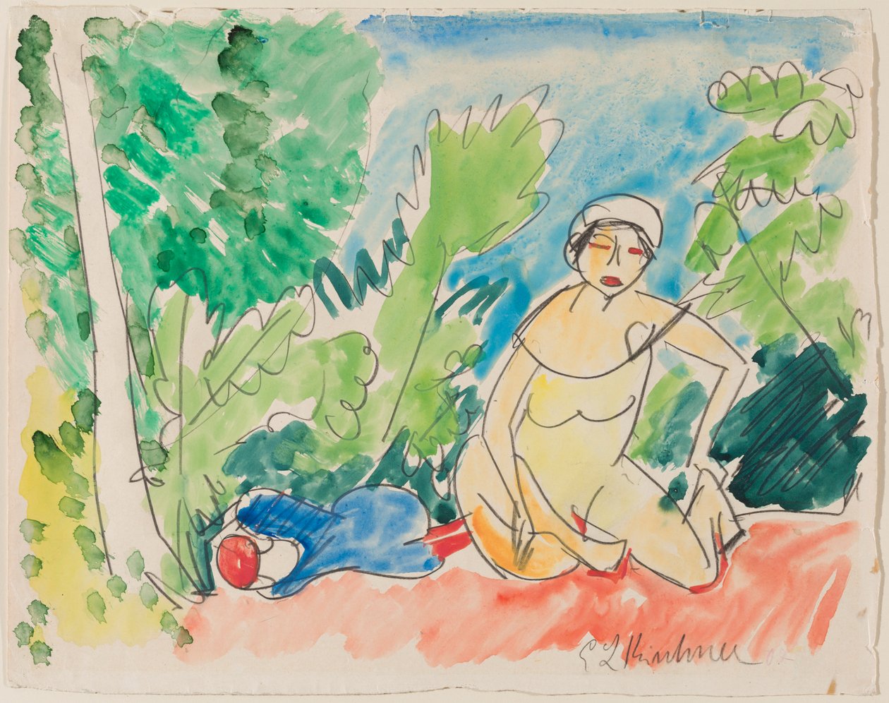 Kylpijöitä järven rannalla , noin 1907 (vesiväri ja lyijykynä paperille). tekijältä Ernst Ludwig Kirchner