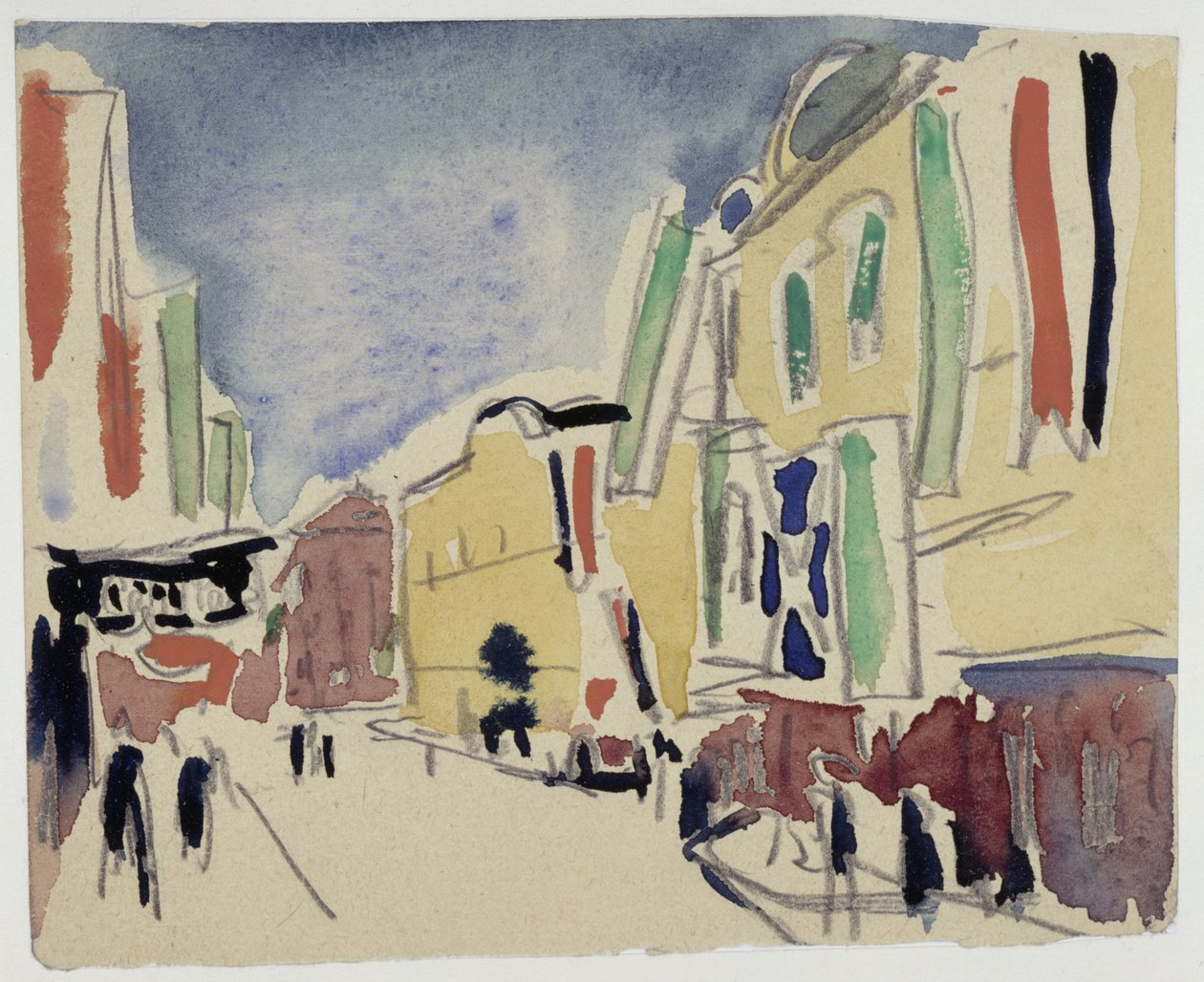 Lippuja kantavat talot Schloßstraßella Dresdenissä tekijältä Ernst Ludwig Kirchner