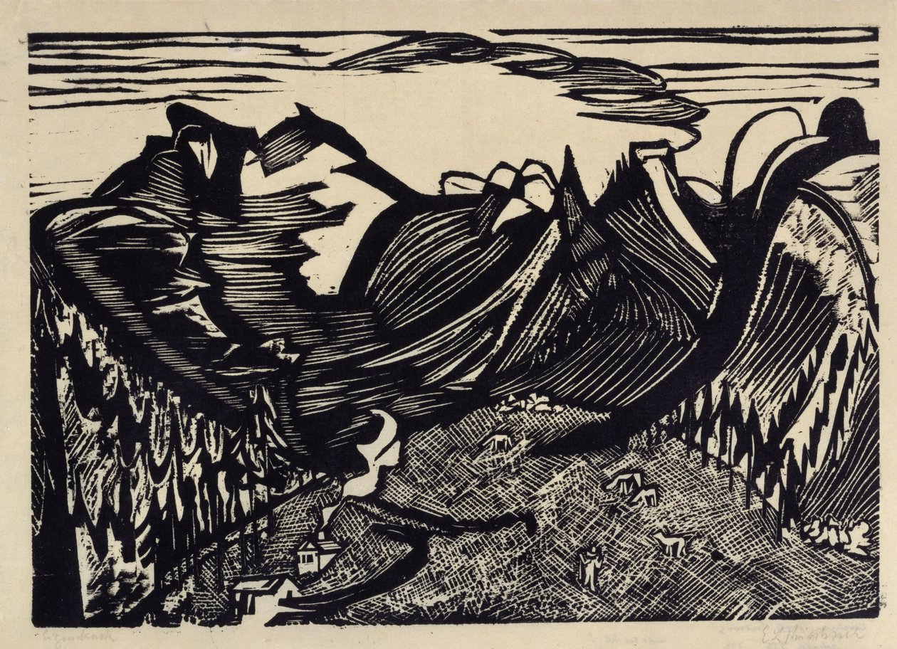 Vuoristomaisema alppilaitumineen tekijältä Ernst Ludwig Kirchner