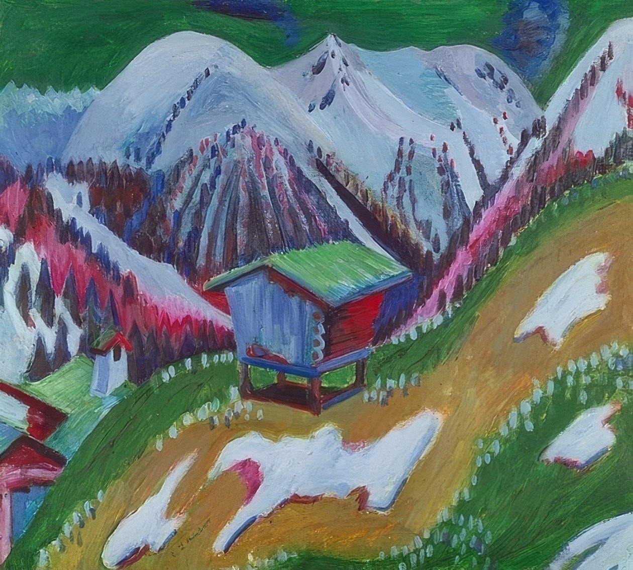 Vuoristomaisema alppimajalla. Noin 1922 tekijältä Ernst Ludwig Kirchner