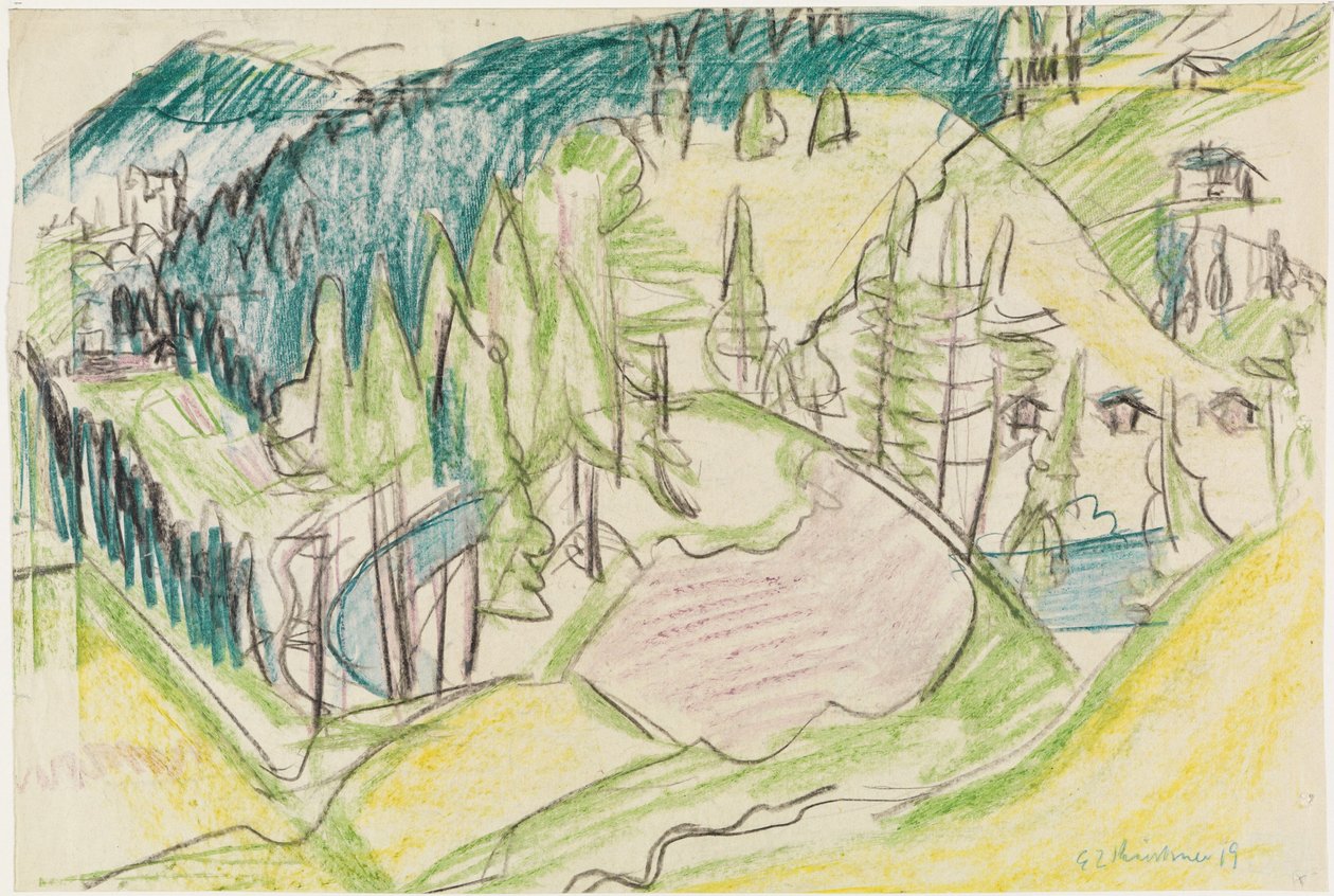 Vuoristomaisema ja kuusia tekijältä Ernst Ludwig Kirchner