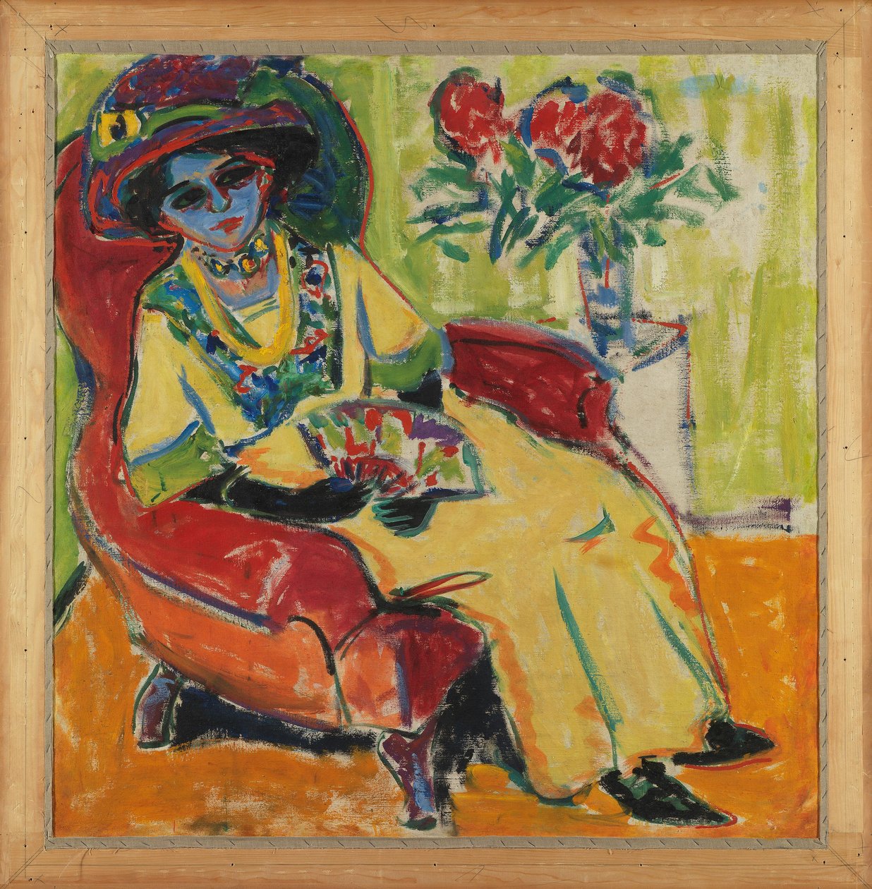 Dodon muotokuva (istuva nainen) Kääntöpuoli: naamiaiset (naamioita kadulla) tekijältä Ernst Ludwig Kirchner