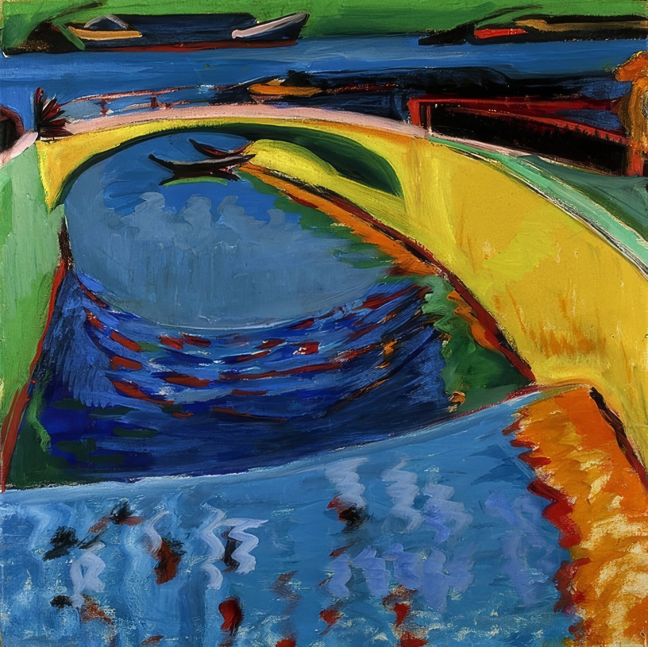 Silta Prießnitzin suulla. Noin 1910 tekijältä Ernst Ludwig Kirchner