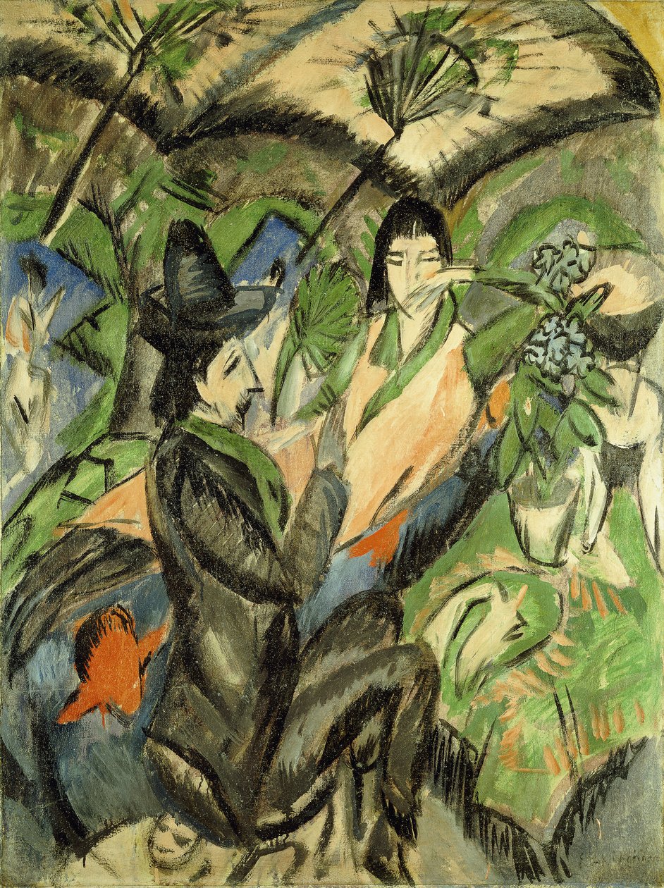 Pari japanilaisten aurinkovarjojen alla; Pariskunta japanilaisen sateenvarjon alla, 1902 tekijältä Ernst Ludwig Kirchner