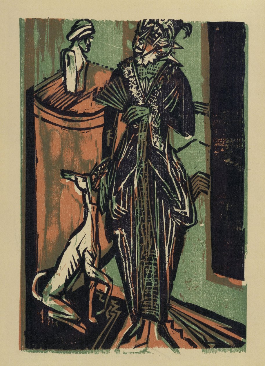Nainen koiran kanssa. Teoksesta: Bremenissä sijaitsevan rouva Euckenin kirjontahuoneen vaatteiden näyttelyluettelo tekijältä Ernst Ludwig Kirchner