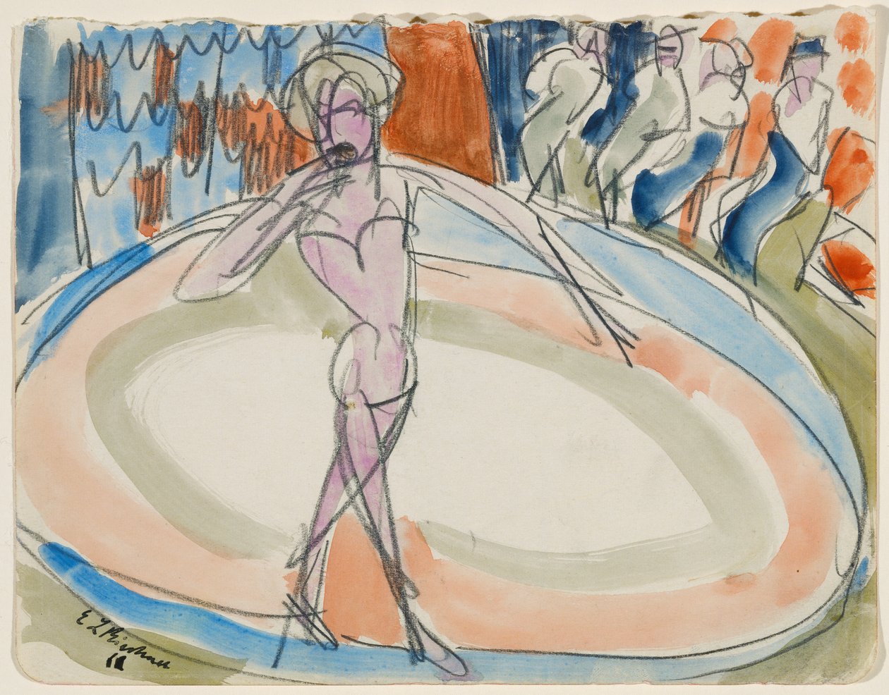 Tanssiva nainen kabareessa tekijältä Ernst Ludwig Kirchner