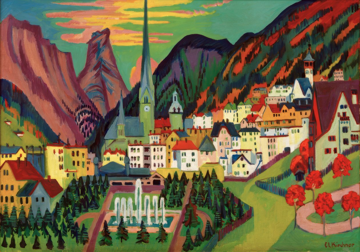 Davos mit Kirche. Davos im Sommer tekijältä Ernst Ludwig Kirchner