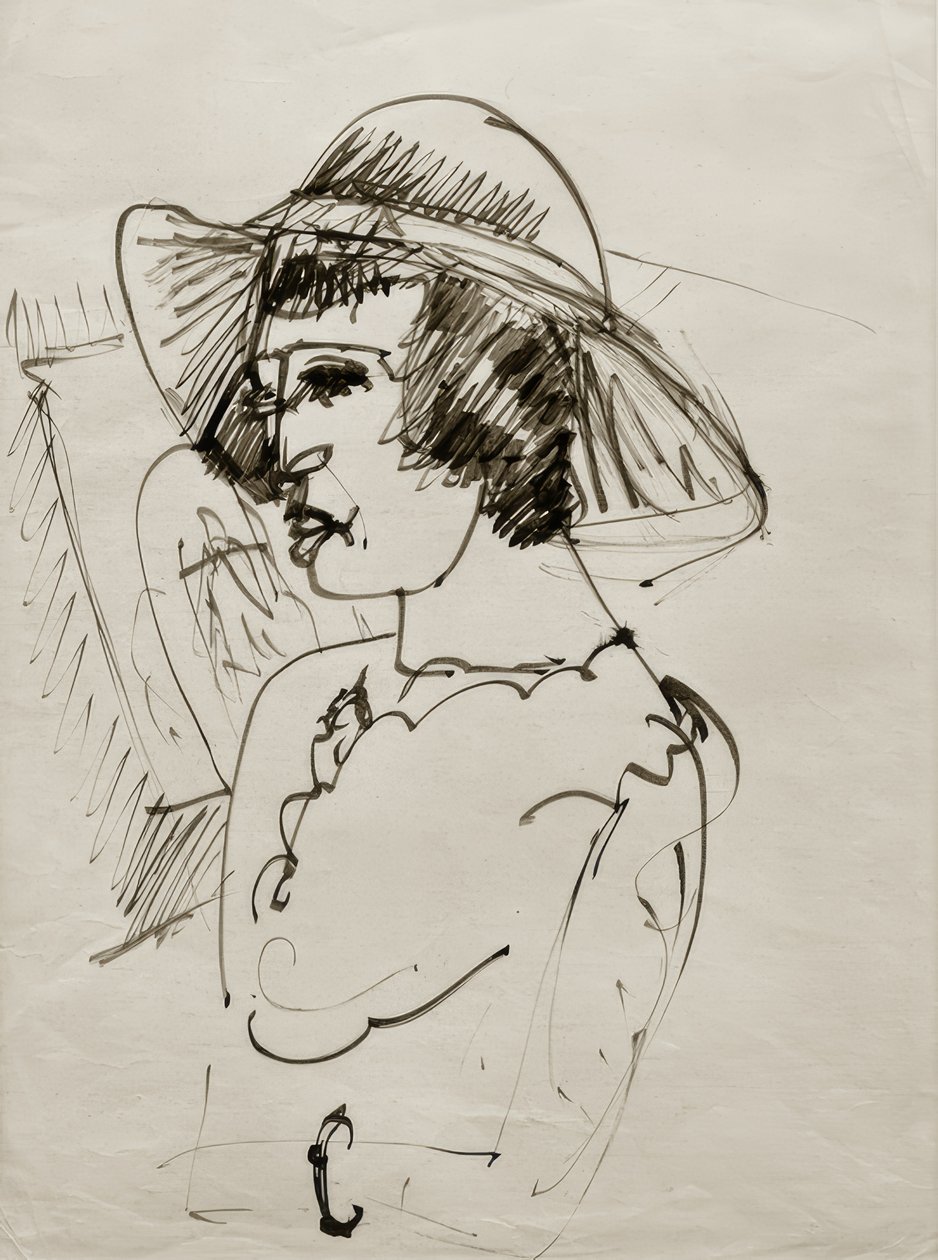 E.L.Kirchner, Porträt Erna mit großem Hut tekijältä Ernst Ludwig Kirchner