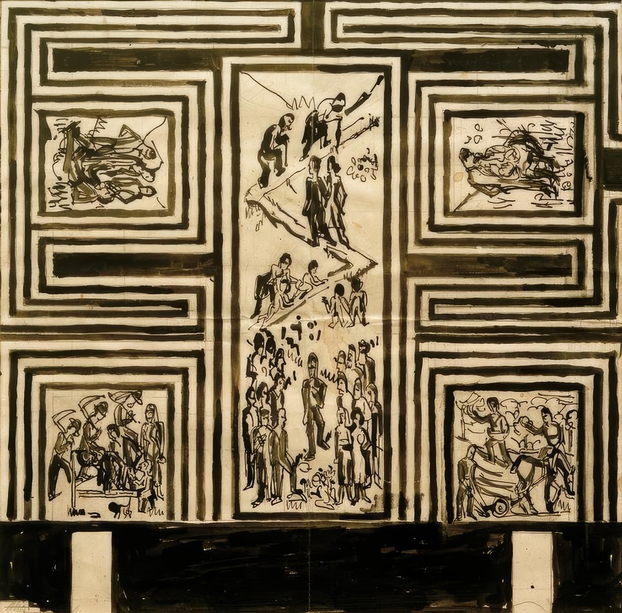 Luonnos juhlasalin pitkän seinän maalaamiseen tekijältä Ernst Ludwig Kirchner