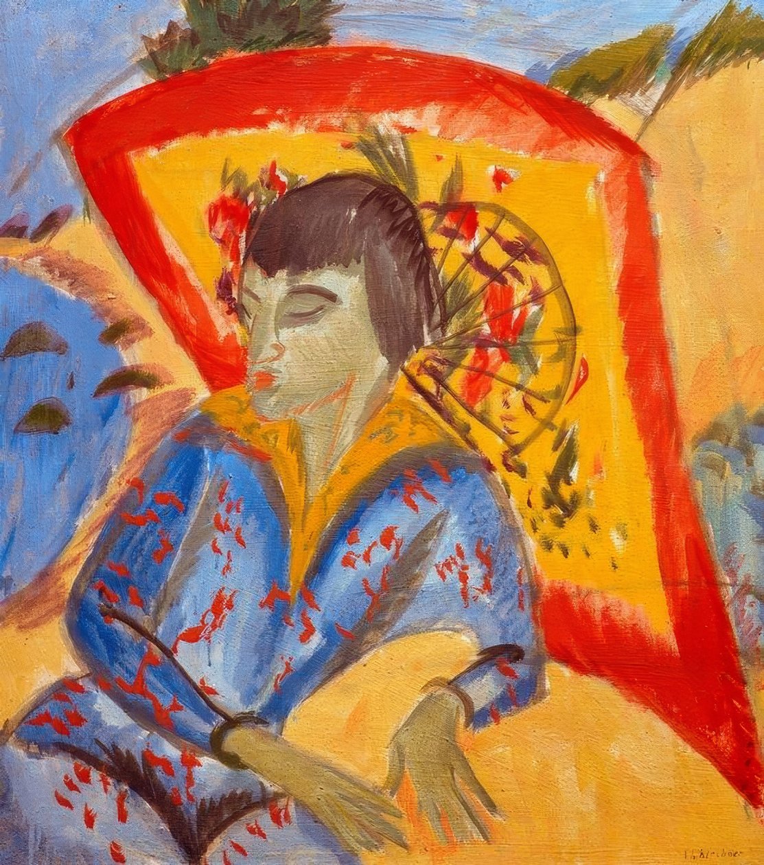 Erna japanilaisella sateenvarjolla (japanilainen) tekijältä Ernst Ludwig Kirchner