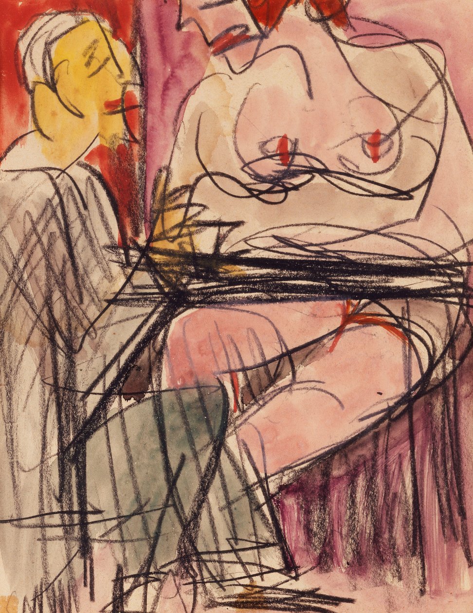 Nainen alaston ja mies istuu pöydän ääressä; Nainen alaston ja mies istuu pöydässä, tekijältä Ernst Ludwig Kirchner