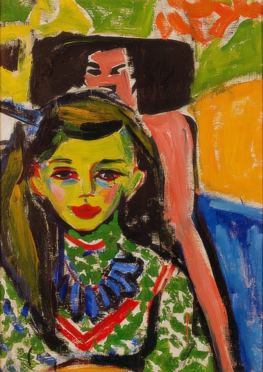 Fränzi veistetyn tuolin edessä. 1910 tekijältä Ernst Ludwig Kirchner