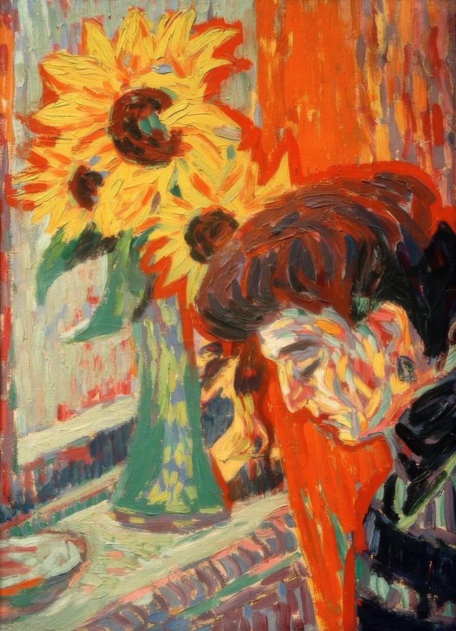 Naisen pää auringonkukkien edessä tekijältä Ernst Ludwig Kirchner
