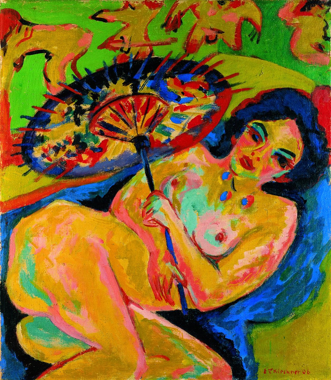 Tyttö japanilaisen sateenvarjon alla, n. 1909 tekijältä Ernst Ludwig Kirchner