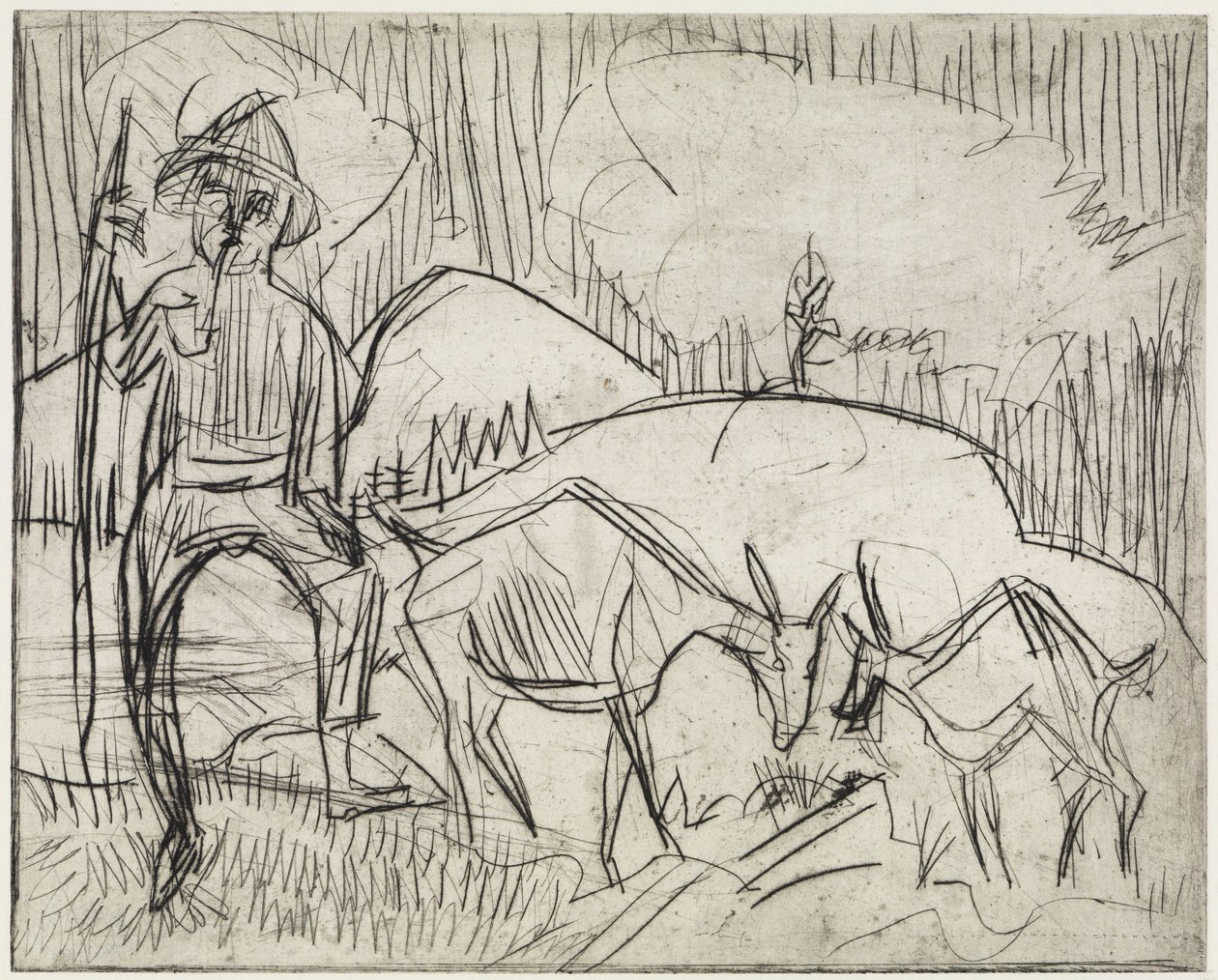 Paimen ja vuohia/Vuorenrinne, ihmisiä ja vuohia tekijältä Ernst Ludwig Kirchner