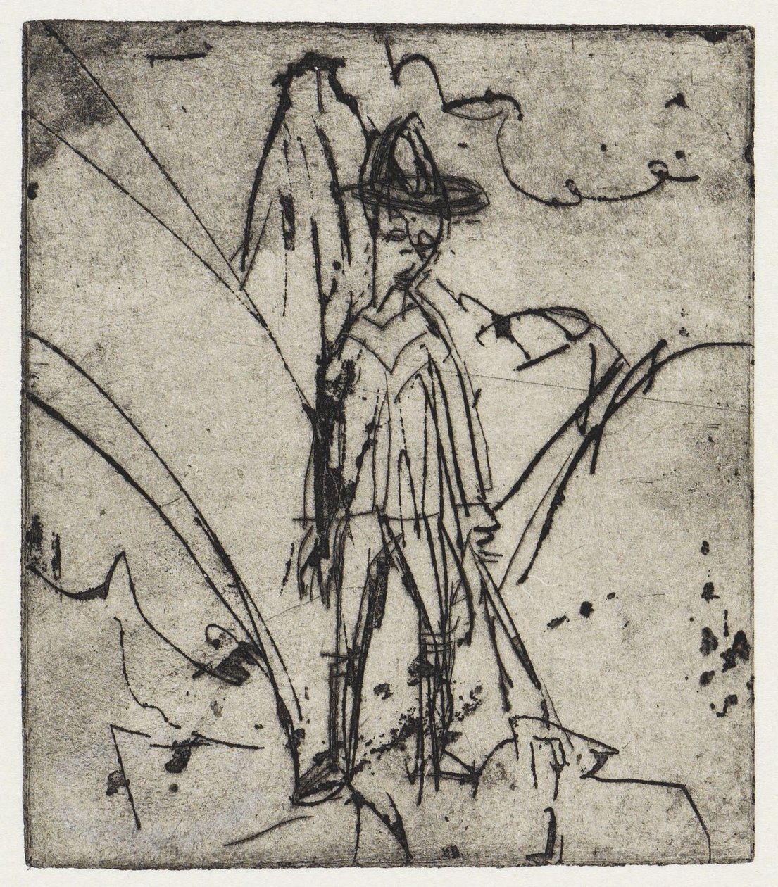 Paimen vuoren edustalla/talo ja vuohia - Stafelalp tekijältä Ernst Ludwig Kirchner