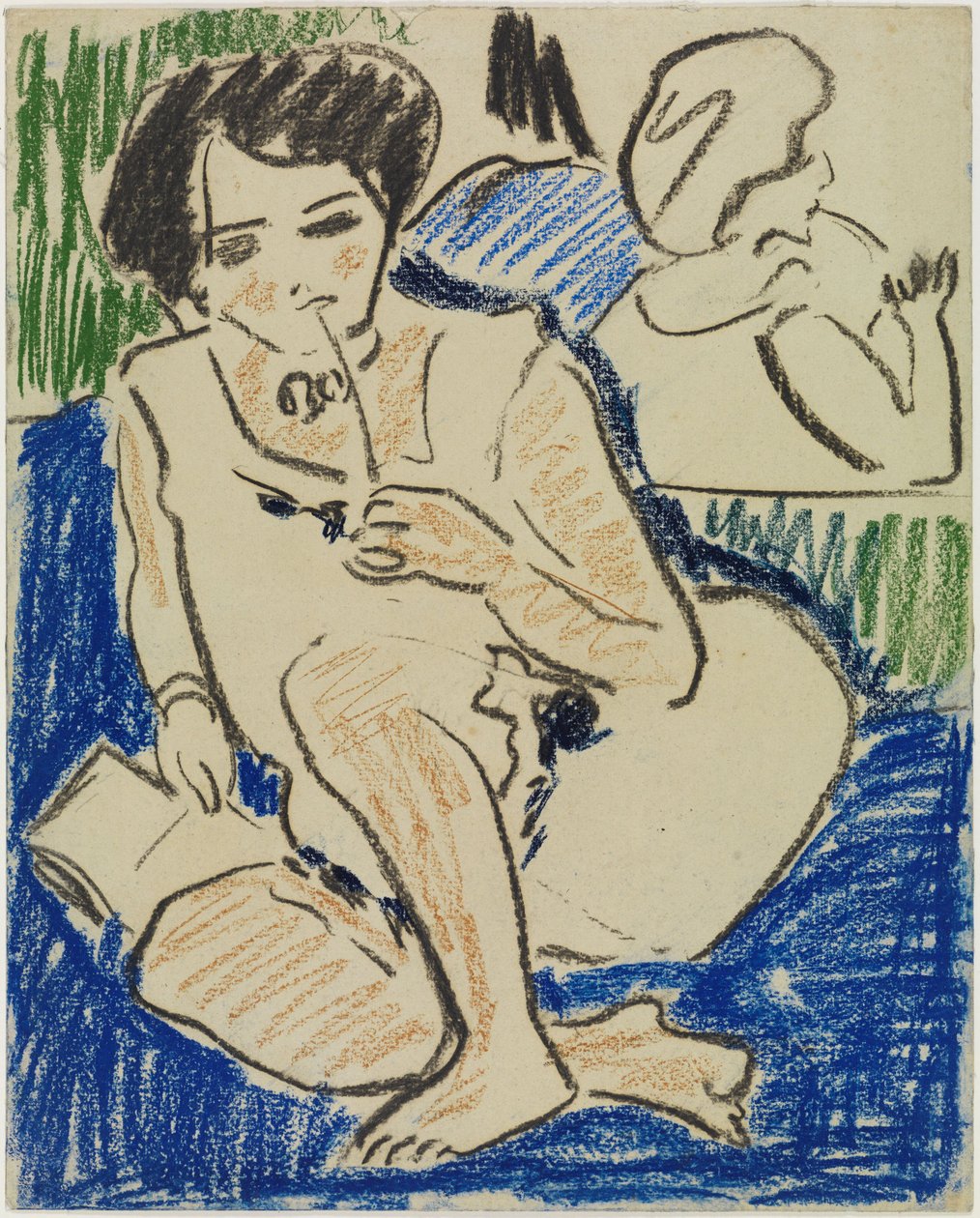 Kyykyssä oleva nainen kirjan kanssa tekijältä Ernst Ludwig Kirchner