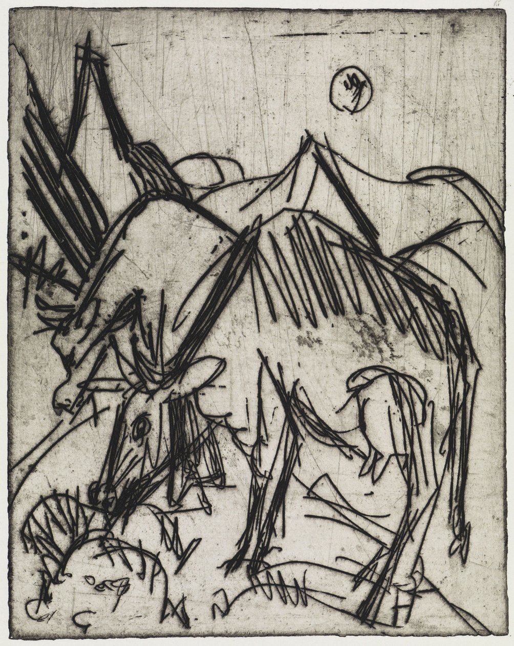 Kuunvalossa laiduntavat lehmät / Kaksi poikaa, jotka leikkivät kissan kanssa tekijältä Ernst Ludwig Kirchner