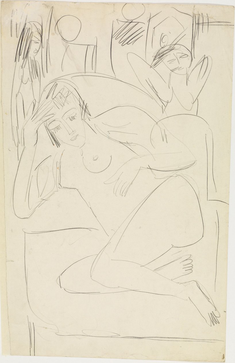 Nojatuolissa kyykyssä istuva naisalastonkuva ja puuhahmot tekijältä Ernst Ludwig Kirchner
