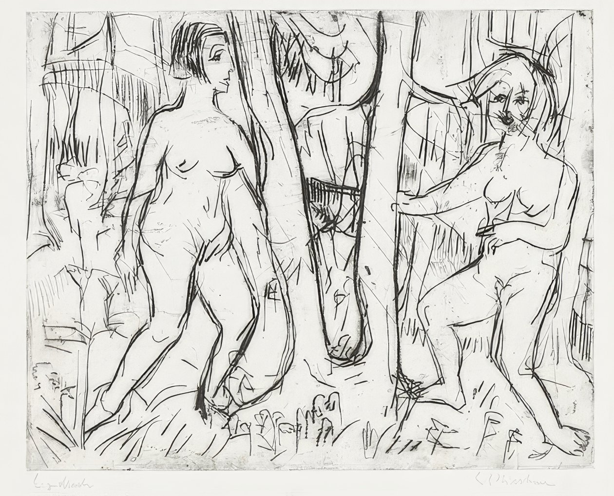 Tytöt leikkivät metsässä. 1923 tekijältä Ernst Ludwig Kirchner