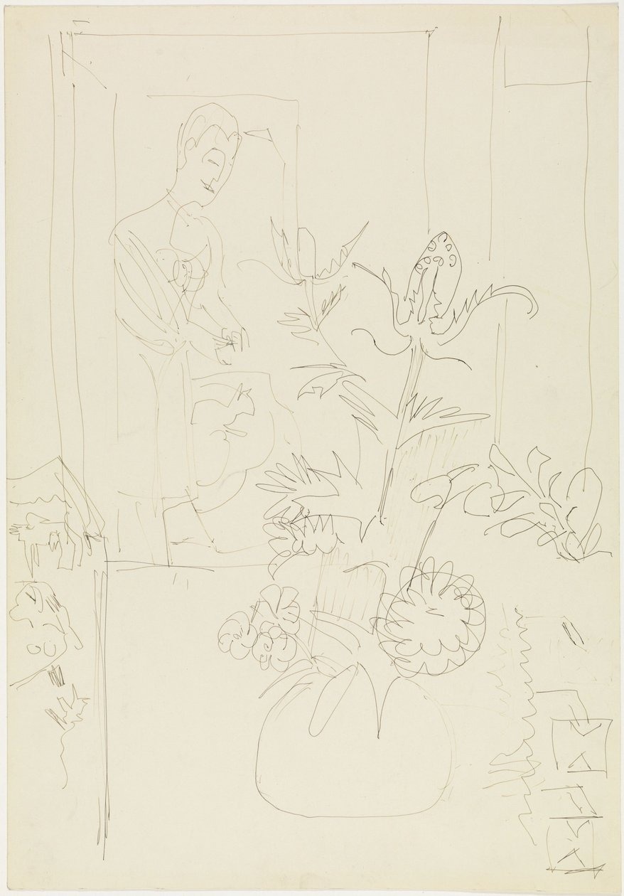 Sisäkuva, jossa on kukkamaljakko, nainen ja kissa tekijältä Ernst Ludwig Kirchner