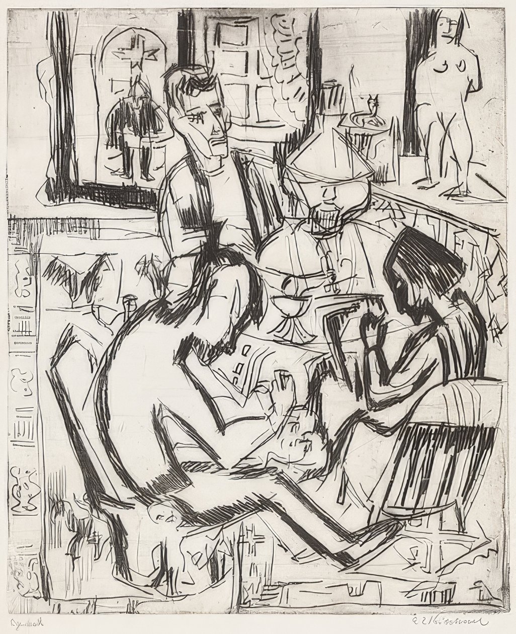 Sisätilat ihmisten kanssa. 1923 tekijältä Ernst Ludwig Kirchner