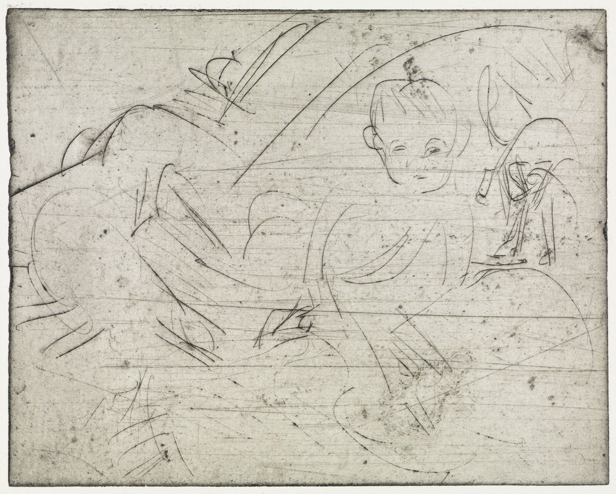 Lapset japanilaisen aurinkovarjon kanssa / Makaava poika ja kissa tekijältä Ernst Ludwig Kirchner