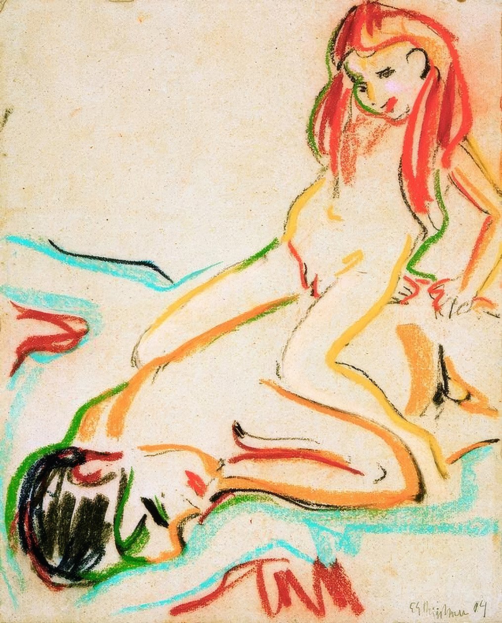 Liegender nackter Mann mit Kind auf dem Rücken tekijältä Ernst Ludwig Kirchner