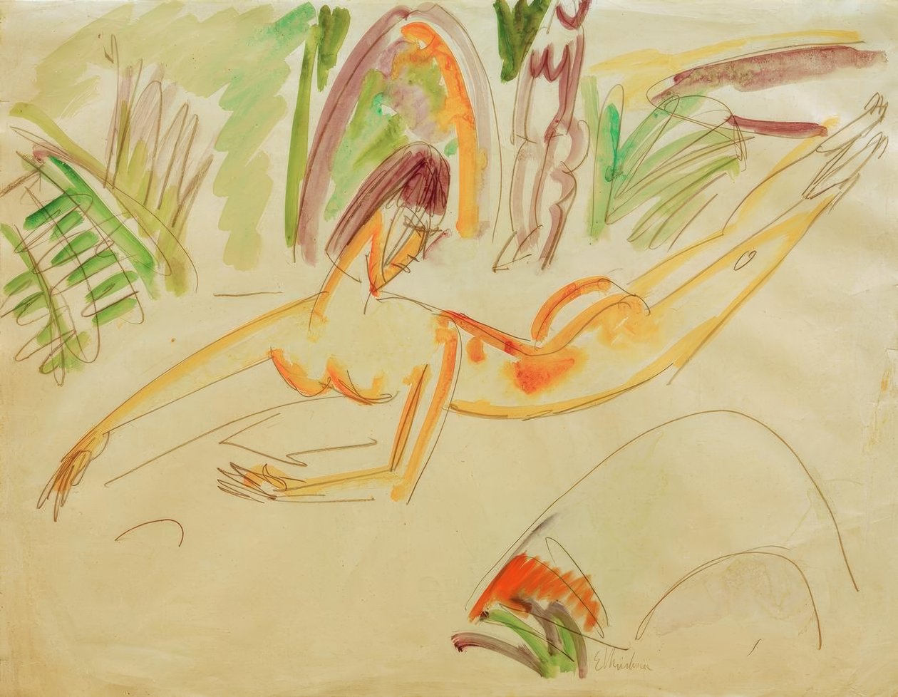 Liegender Weiblicher Akt am Fehmarnstrand tekijältä Ernst Ludwig Kirchner