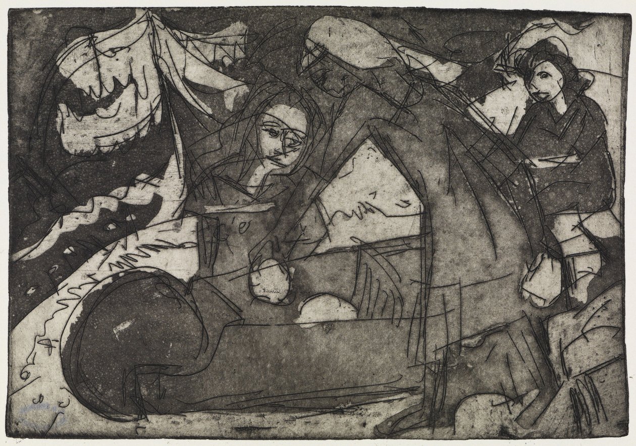 Tyttö kahden lapsen kanssa / Lapset kottikärryllä tekijältä Ernst Ludwig Kirchner