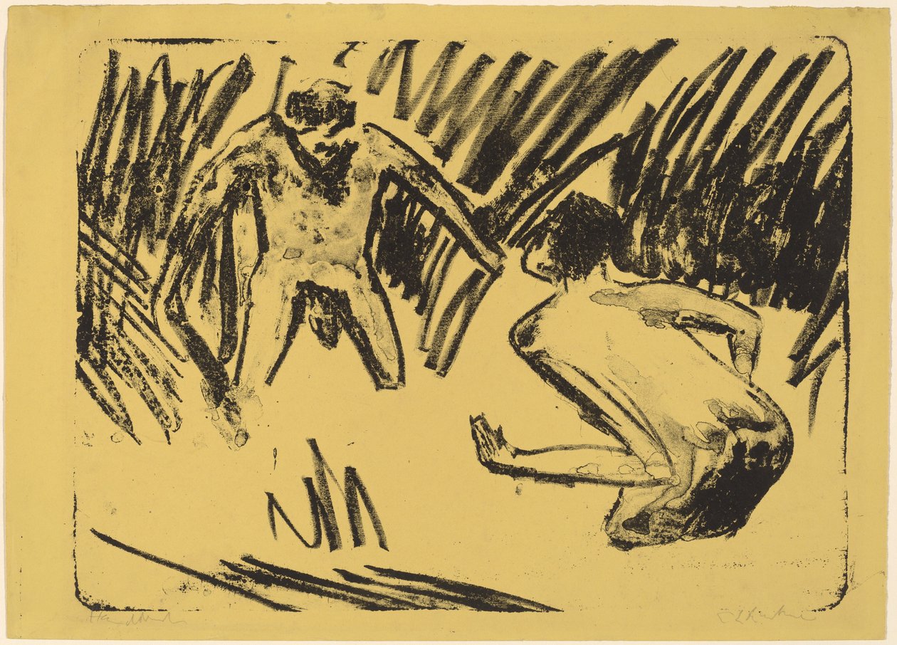 Miehet roiskumassa kaislikossa tekijältä Ernst Ludwig Kirchner
