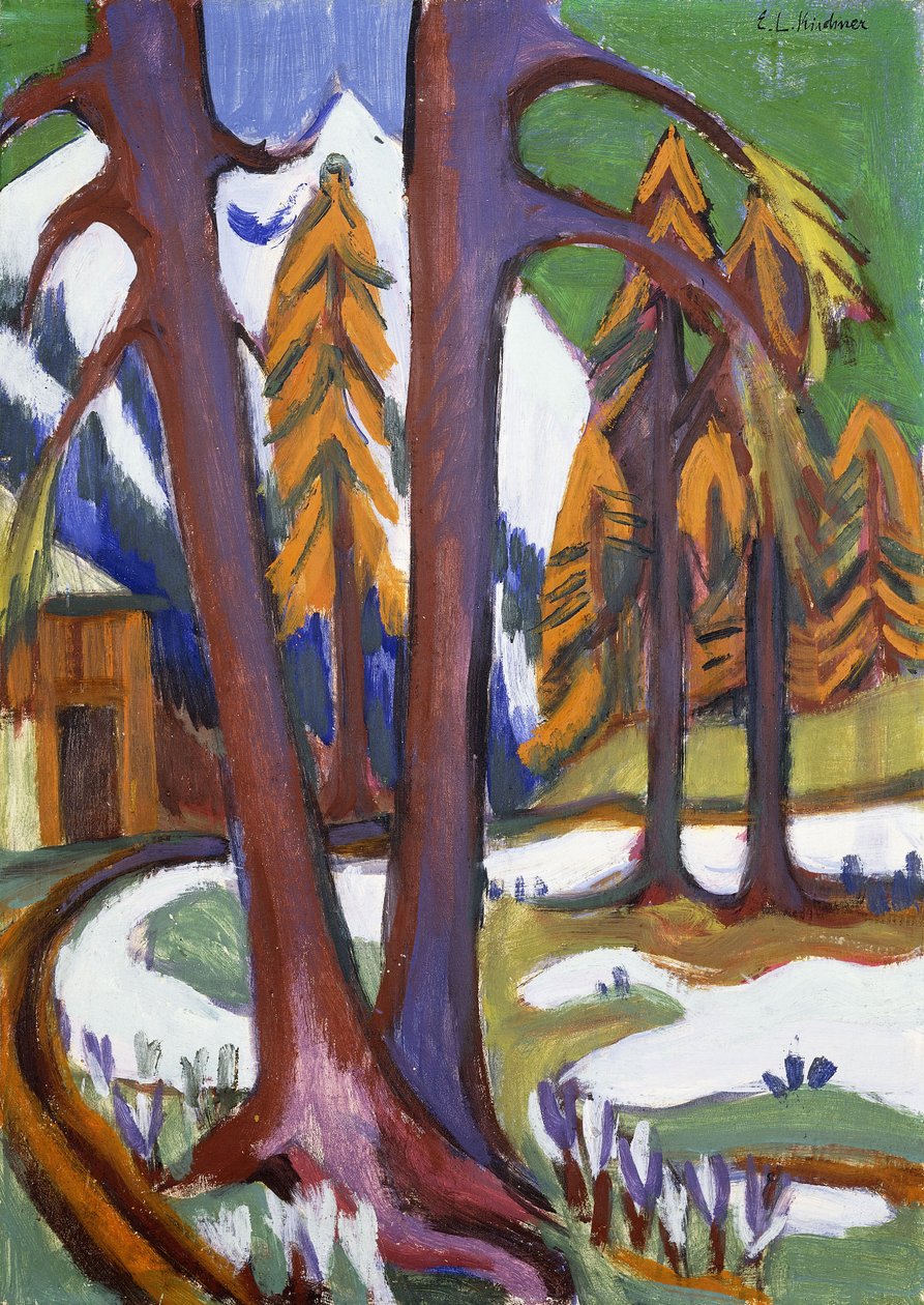 Vuori-Varhainen kevät Larchenin kanssa; Berg-Vorfruhling mit Larchen, n. 1921-1923 tekijältä Ernst Ludwig Kirchner