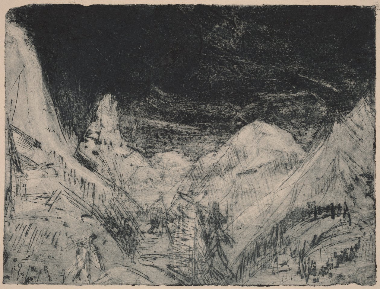 Vuoristomaisema, jossa on pieniä ruohonleikkureita tekijältä Ernst Ludwig Kirchner