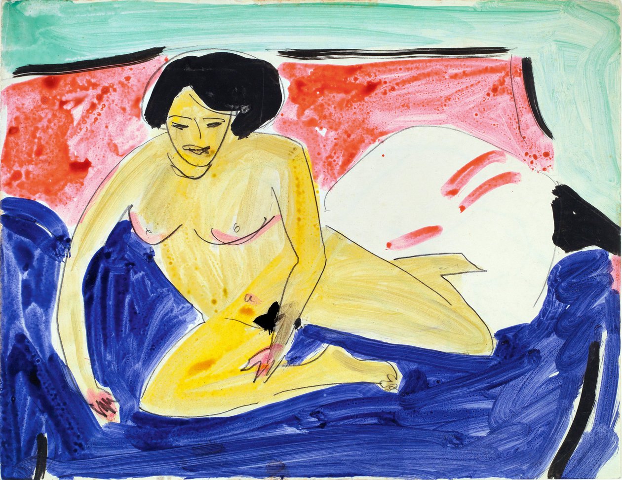 Alaston istuva sohvalla (Istuva alasti Divanilla). Ernst Ludwig Kirchnerin (1880-1938) työ, akvarelli ja tussi paperille tekijältä Ernst Ludwig Kirchner