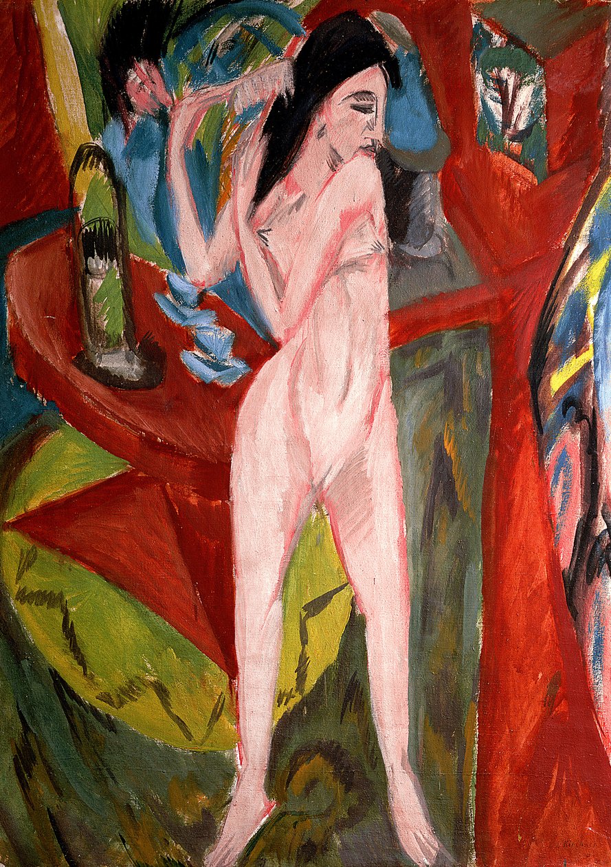 Alaston nainen kampaamassa hiuksiaan tekijältä Ernst Ludwig Kirchner