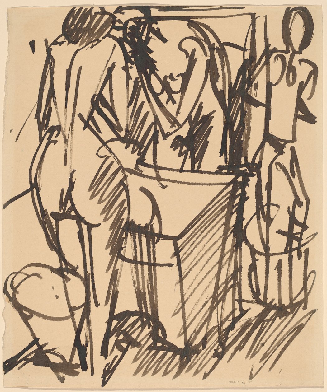 Alaston peilin kanssa seisoen pesutelineen edessä tekijältä Ernst Ludwig Kirchner