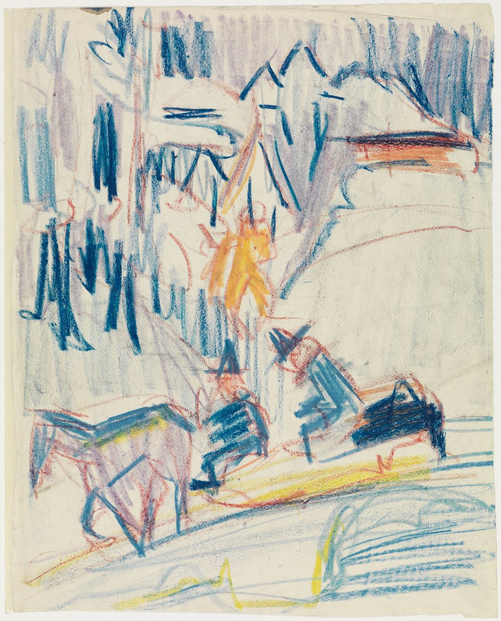 Hevosrekki, jossa on kaksi miestä korkealla vuoristossa tekijältä Ernst Ludwig Kirchner