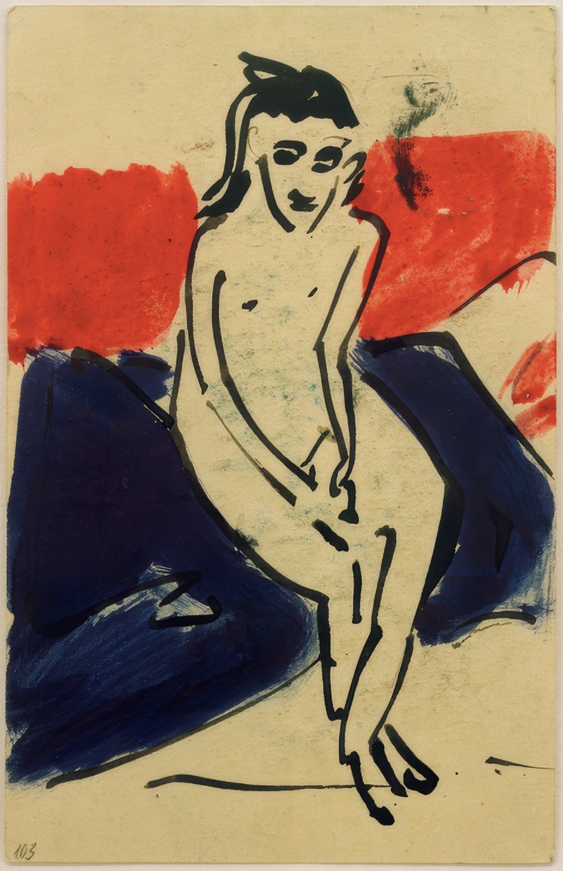 Postikortti ja Erich Heckel vom 30.6.1910 (Sitzende nackte Marzella) tekijältä Ernst Ludwig Kirchner