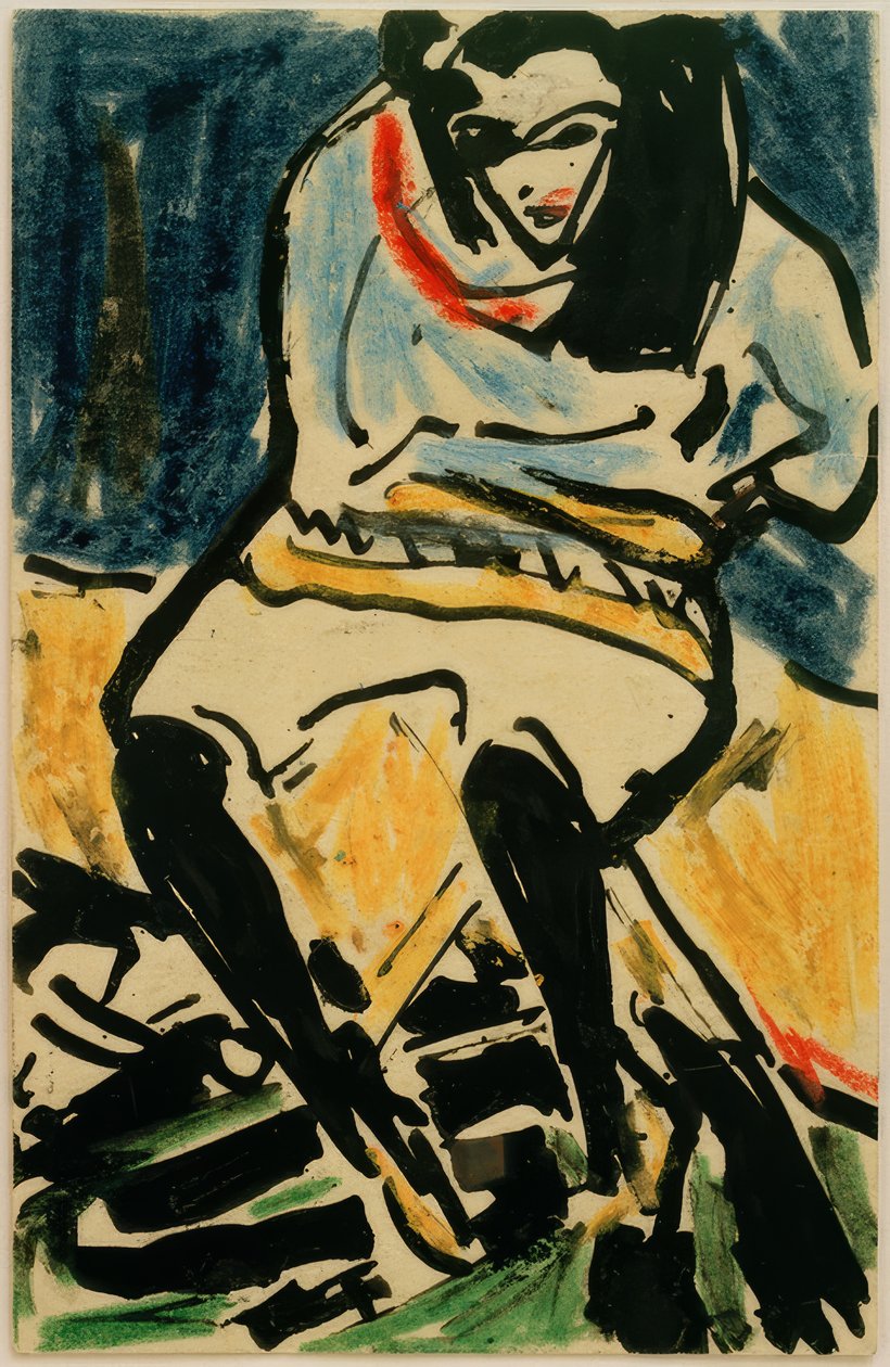 Postikortti Erich Heckelille 6. huhtikuuta 1910 (Marzella kokoontaitetulla tuolilla) tekijältä Ernst Ludwig Kirchner