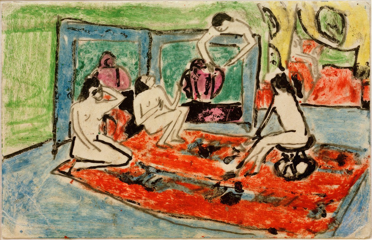 Postikortti Maschka Muellerille 17. helmikuuta 1911 (neljä naislakia studiossa) tekijältä Ernst Ludwig Kirchner