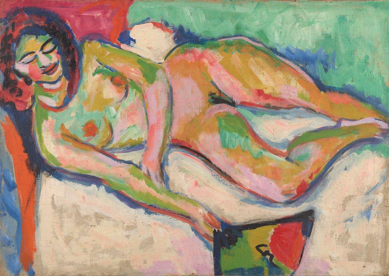 Makuuasennossa alaston tuulettimen kanssa tekijältä Ernst Ludwig Kirchner