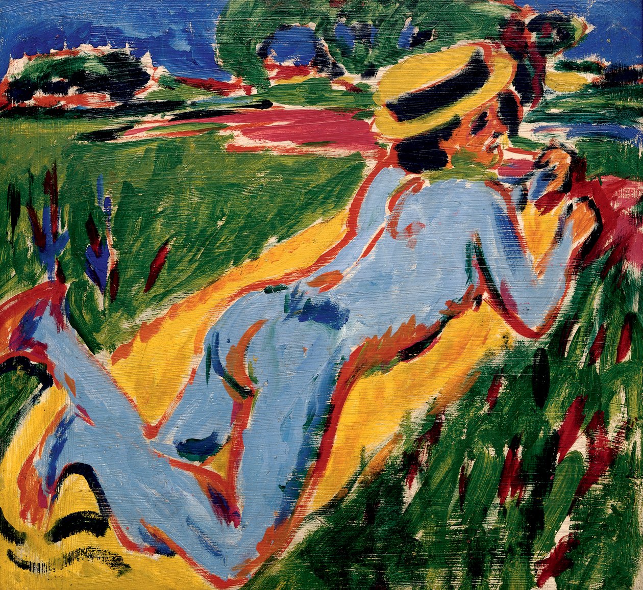 Sinisen alaston kierrätys olkihatussa, 1909 tekijältä Ernst Ludwig Kirchner