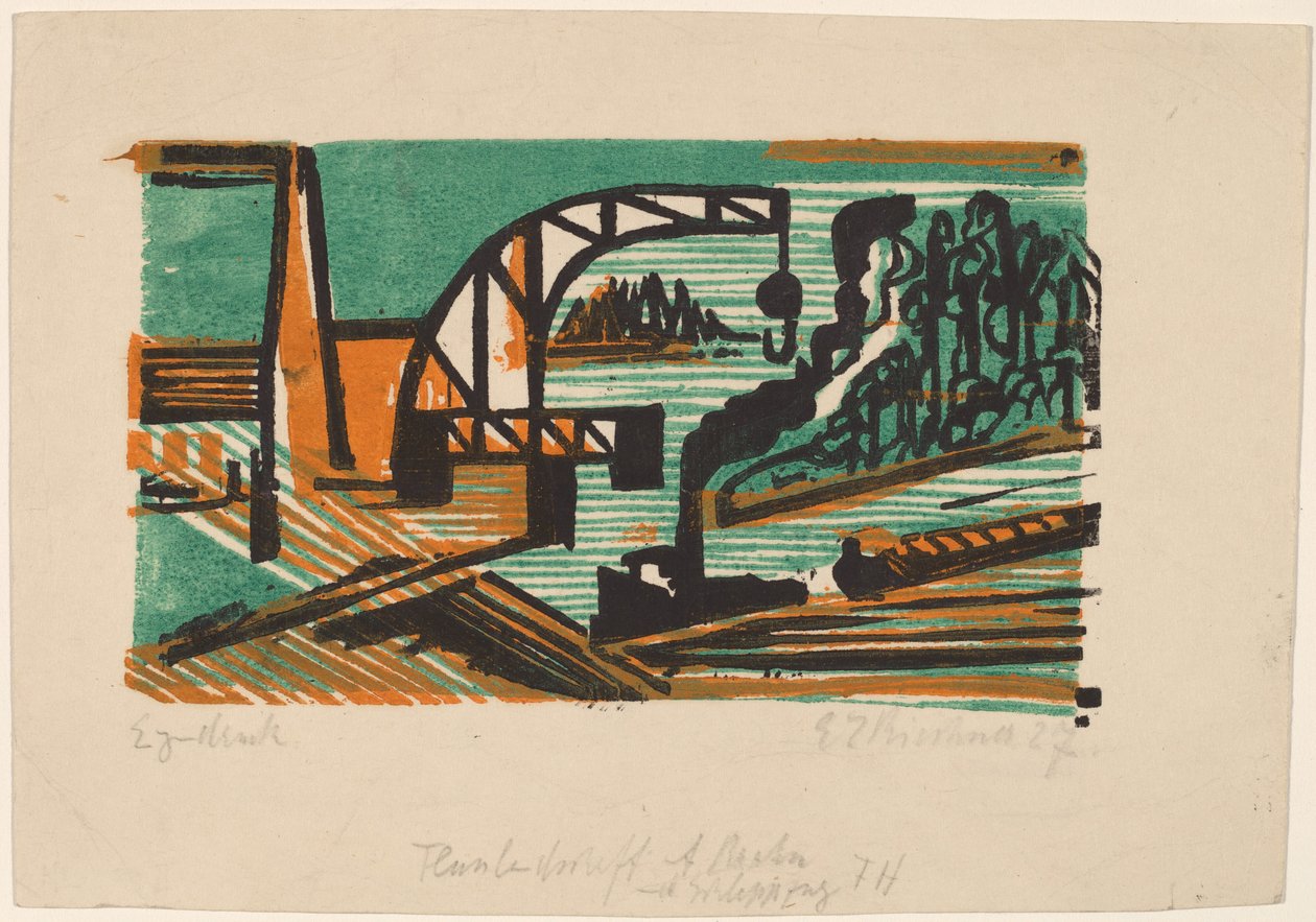 Jokimaisema nosturilla ja proomuilla tekijältä Ernst Ludwig Kirchner
