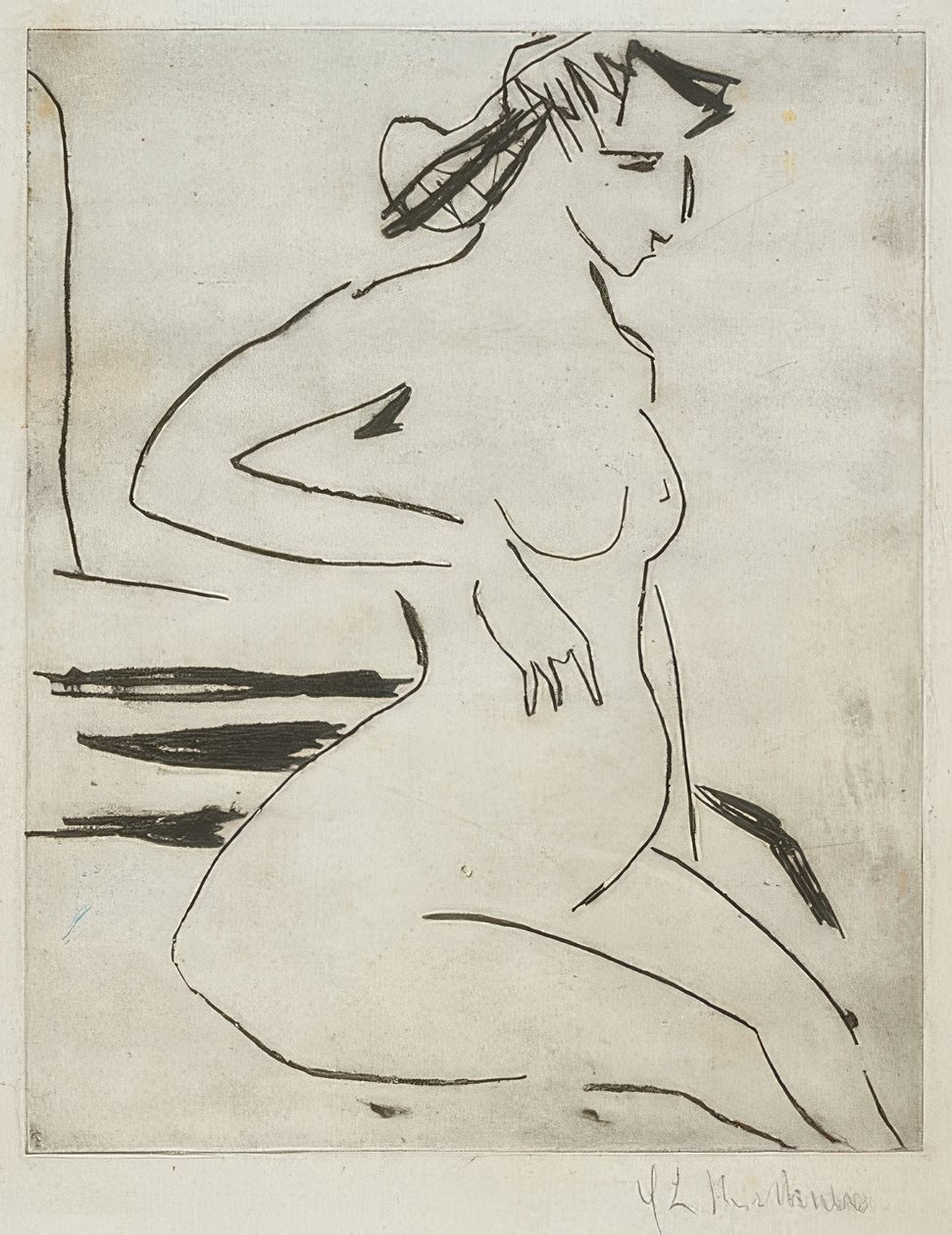 Raskaana oleva alaston nainen istuu. 1909 tekijältä Ernst Ludwig Kirchner
