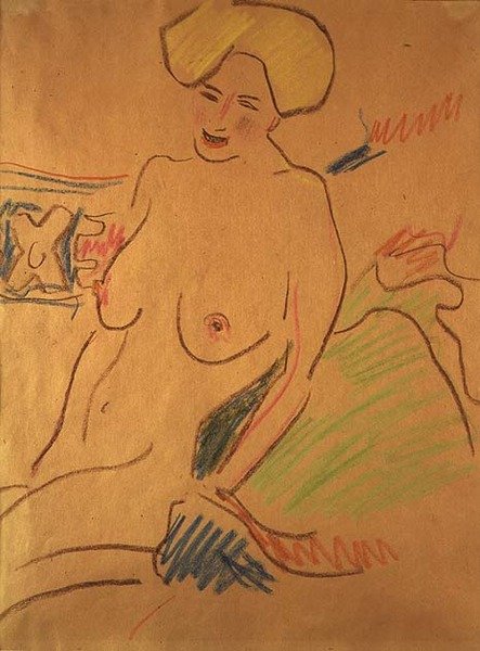 Istuva alastonkuva, n. 1907 (liituja paperille) tekijältä Ernst Ludwig Kirchner