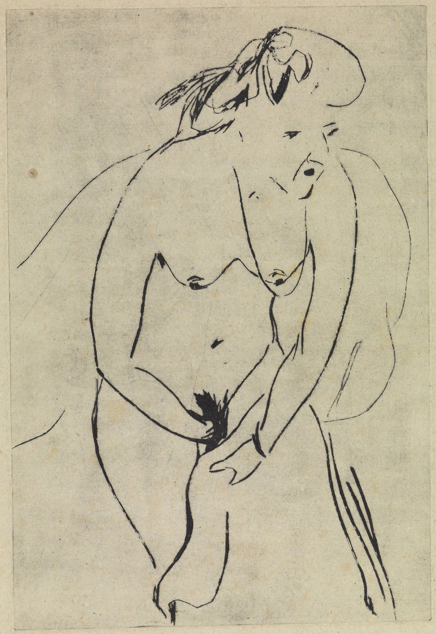 Pyyhkeellä ja kaulakorulla kuivautuvat uimarit tekijältä Ernst Ludwig Kirchner